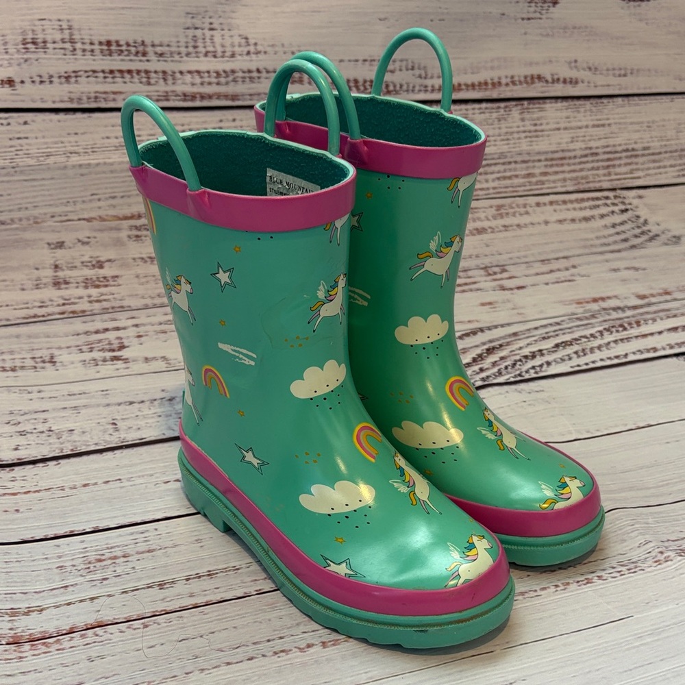 Kids Unicorn Rain Boots - Green and Pink Blue Mountain